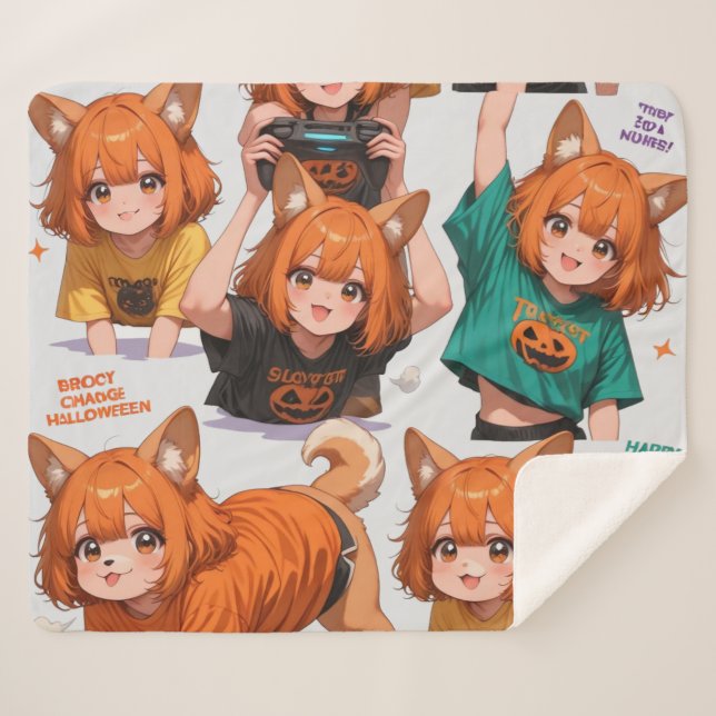 Couverture Sherpa Feuille d'autocollants de renarde anime mignonne (Devant (Horizontal))