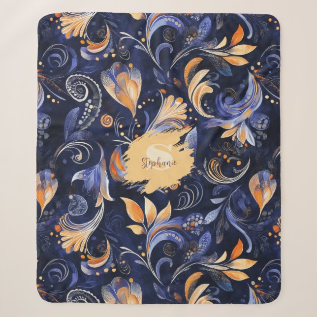 Couverture Sherpa Feuilles Abstraits Paisley bleu et or (Devant)