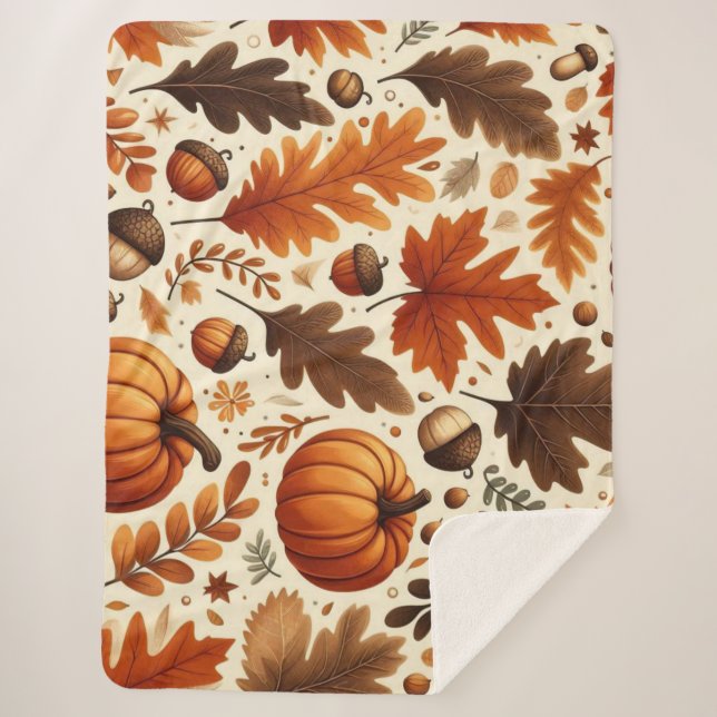 Couverture Sherpa feuilles classiques/citrouilles/glands Automne  (Devant)