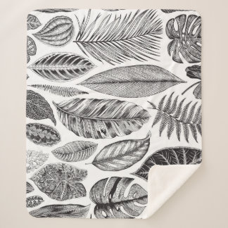 Couverture Sherpa Feuilles exotiques, vintage floral noir et blanc.