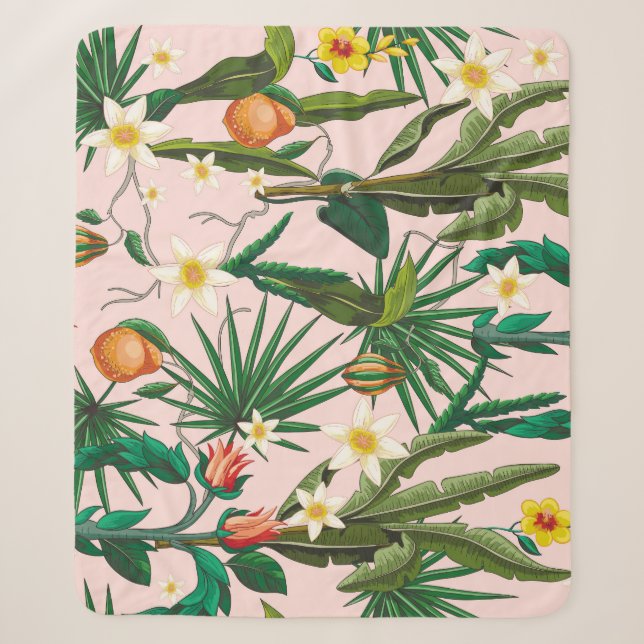 Couverture Sherpa Feuilles tropicales, fleur, motif de fruits. (Devant)