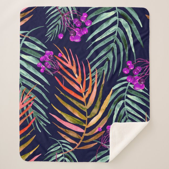 Couverture Sherpa Feuilles tropicaux. Aquarelle feuilles d'un arbre, (Devant)