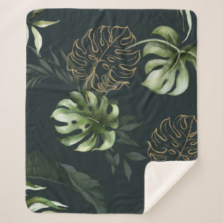 Couverture Sherpa Feuilles Tropicaux en or : Aquarelle foncée