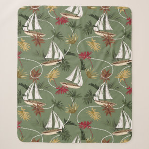Couverture Sherpa feuilles tropicaux vintages, bateau et corde à voi