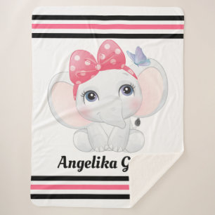 Couverture Sherpa Fille bébé éléphant avec bow Nom personnalisé