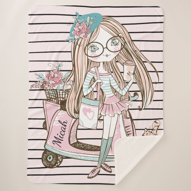 Couverture Sherpa Fille et chat avec scooter rayures Nom personnalis (Devant)