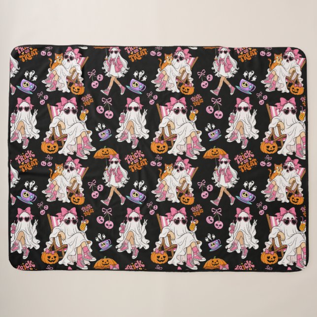 Couverture Sherpa Fille fantôme rose Halloween Mignonne Épouvantable (Devant (Horizontal))