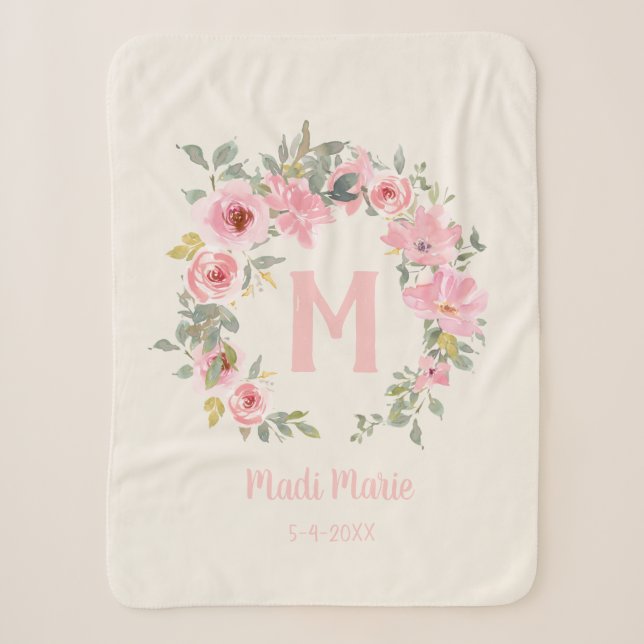 Couverture Sherpa Fille Rose Floral Sauge Feuilles Monogramme (Devant)