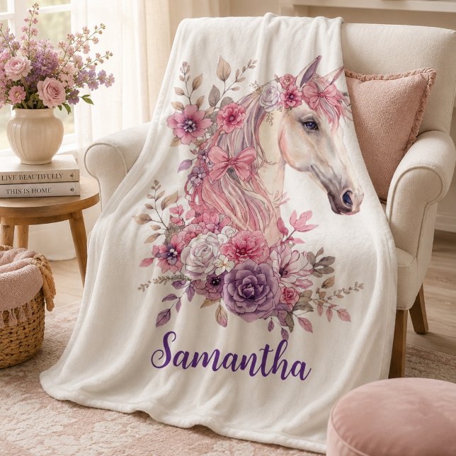 Couverture Sherpa Fille Rose Violet Cheval Fantaisiste Monogramme (Créateur téléchargé)