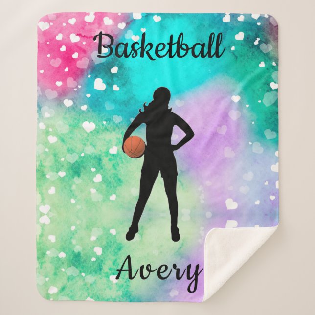 Couverture Sherpa Filles Basketball Aquarelle avec Coeurs flottants (Devant)