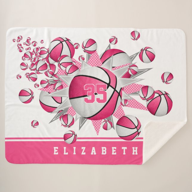 Couverture Sherpa filles basketballs rose étoiles personnalisées (Devant (Horizontal))