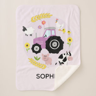 Couverture Sherpa Filles Cute Rose Farm Animaux Tracteur & Nom Enfan