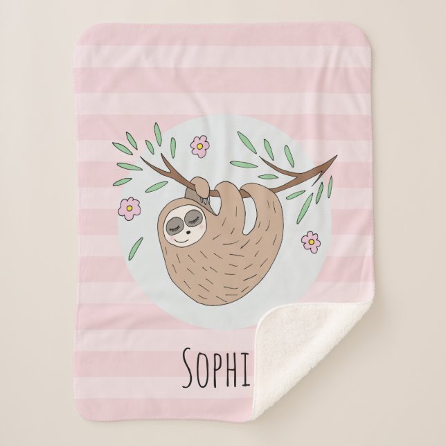 Couverture Sherpa Filles mignonne rose couchage Sloth et nom Enfants (Devant)