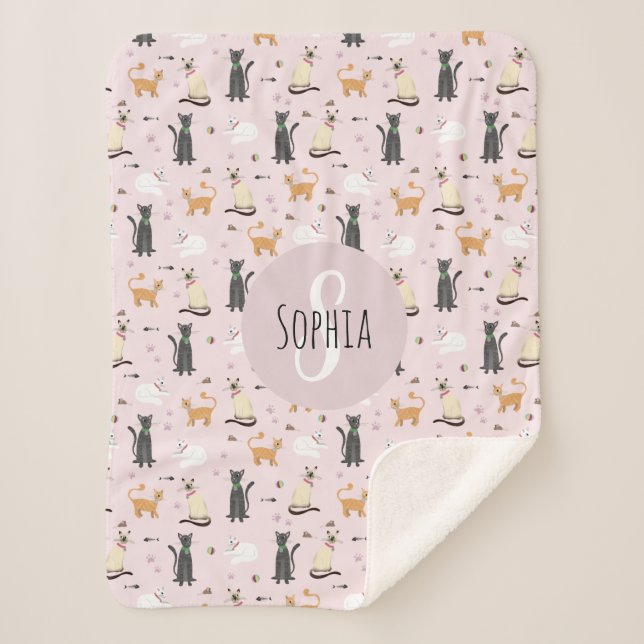Couverture Sherpa Filles mignonne Rose Kitty Chat Motif & Nom Enfant (Devant)