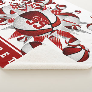Couverture Sherpa filles rouge blanc basketballs étoiles personnalis