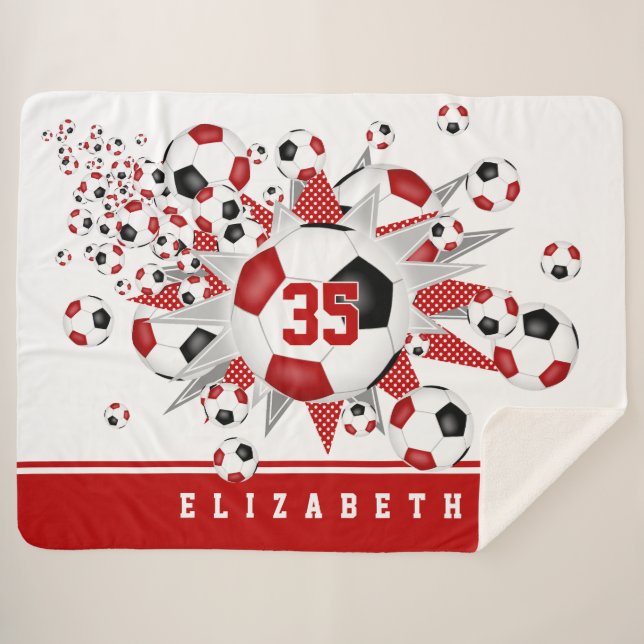Couverture Sherpa filles rouge noir balle de football étoiles (Devant (Horizontal))