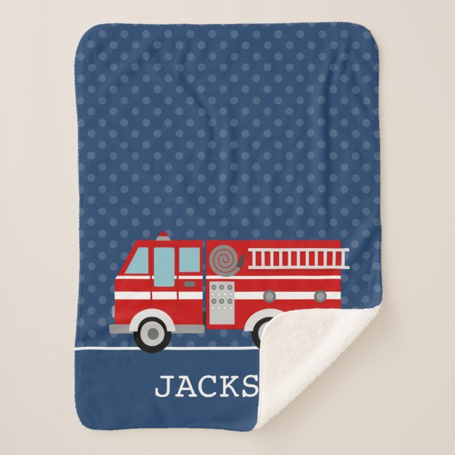 Couverture Sherpa Fire Truck Navy Blue Polka Dot Personnalisé Garçon (Devant)