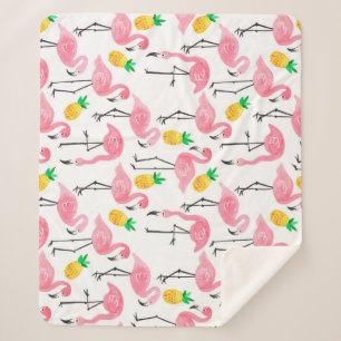 Couverture Sherpa Flamant rose aquarelle et ananas : Ensemble tropic