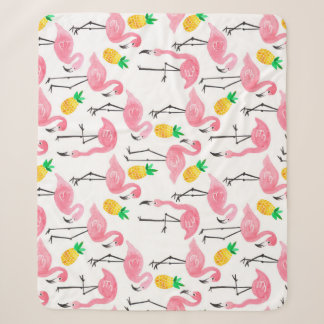 Couverture Sherpa Flamant rose aquarelle et ananas : Ensemble tropic