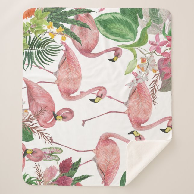 Couverture Sherpa Flamant rose Feuilles tropicaux Motif aquarelle (Devant)