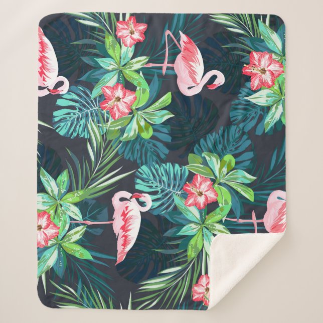 Couverture Sherpa Flamant rose tropical : Fleurs d'été Motif (Devant)