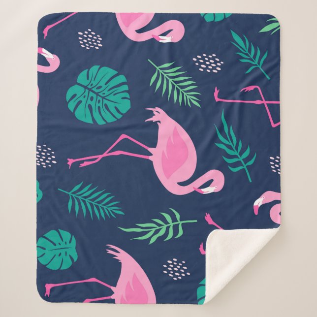 Couverture Sherpa flamants roses, palmiers tropicaux, couteaux dessi (Devant)