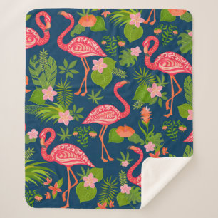 Couverture Sherpa Flamingo rose sur un dos rayé turquoise