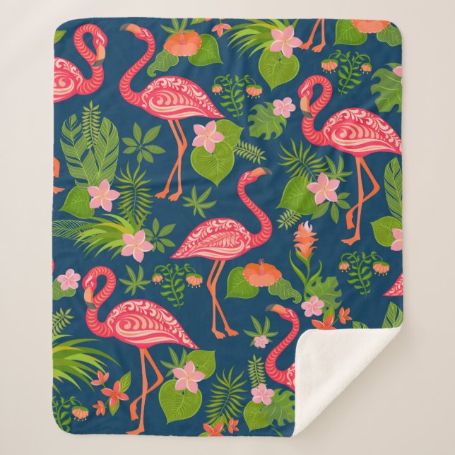 Couverture Sherpa Flamingo rose sur un dos rayé turquoise (Devant)