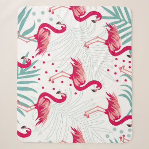 Couverture Sherpa Flamingo tropical et feuille, motif d'été.