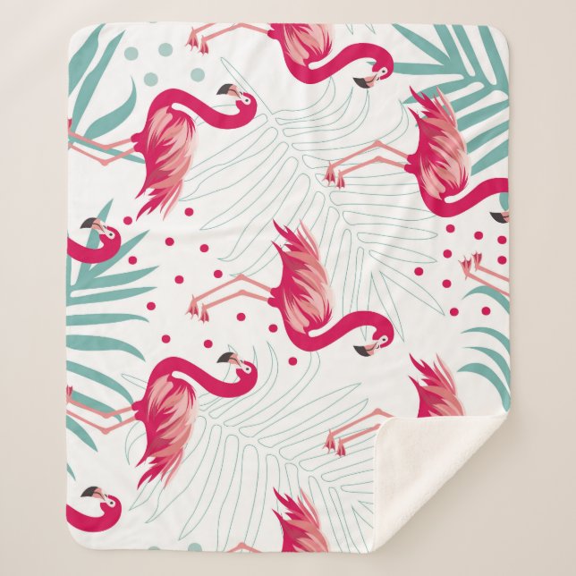 Couverture Sherpa Flamingo tropical et feuille, motif d'été. (Devant)