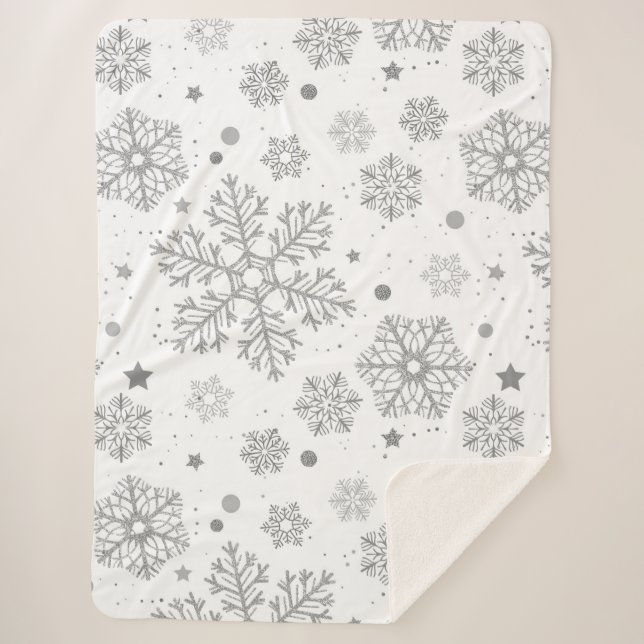 Couverture Sherpa Flammes de neige en argent sur blanc (Devant)