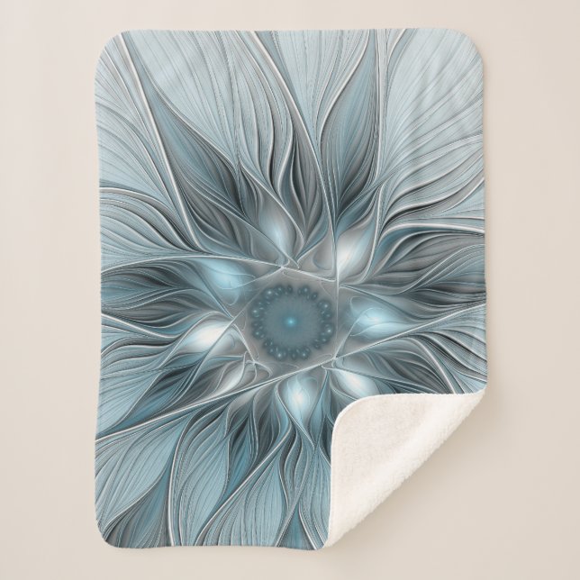 Couverture Sherpa Fleur abstraite joyeuse bleu gris floral fractal (Devant)