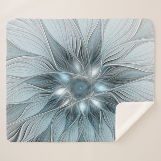 Couverture Sherpa Fleur abstraite joyeuse bleu gris floral fractal (Devant (Horizontal))