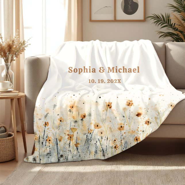 Couverture Sherpa Fleur Aquarelle Nom Date Couple  (Créateur téléchargé)