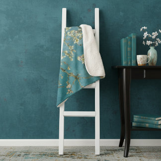 Couverture Sherpa Fleur d'amandier Floral Boho Bleu Classique Art