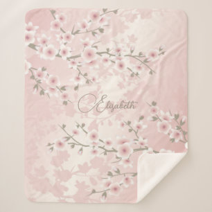 Couverture Sherpa Fleur de cerisier Abricot Floral Monogramme Vintag