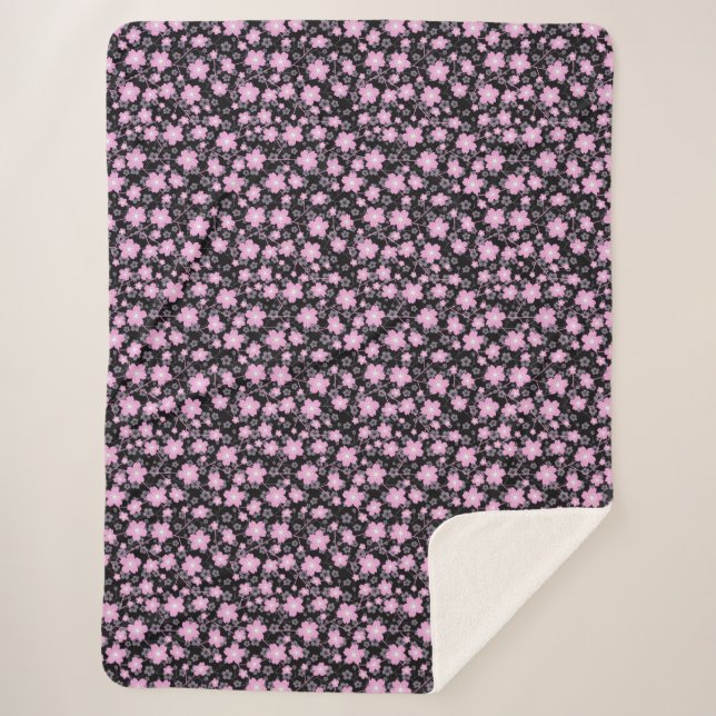 Couverture Sherpa Fleur de cerisier rose noir (Devant)