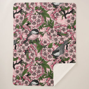 Couverture Sherpa Fleur de cerisiers et poulets roses