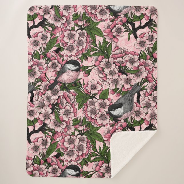 Couverture Sherpa Fleur de cerisiers et poulets roses (Devant)