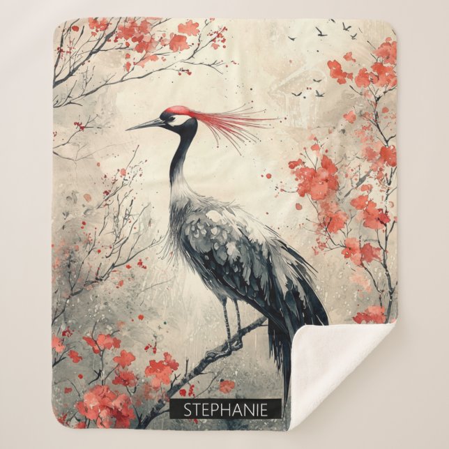 Couverture Sherpa Fleur de Grue Rouge Lavis d'Encre (2) (Devant)