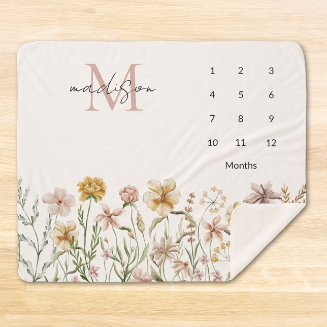 Couverture Sherpa Fleur de Milestone Florale de Monogramme Aquarelle (Close up)