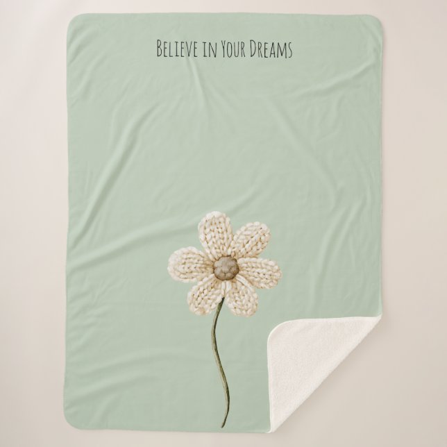 Couverture Sherpa Fleur en Faux Tricot Vert Menthe Crème (Devant)