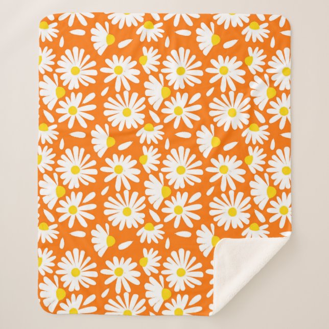 Couverture Sherpa Fleur marguerite rétro : orange vintage. (Devant)