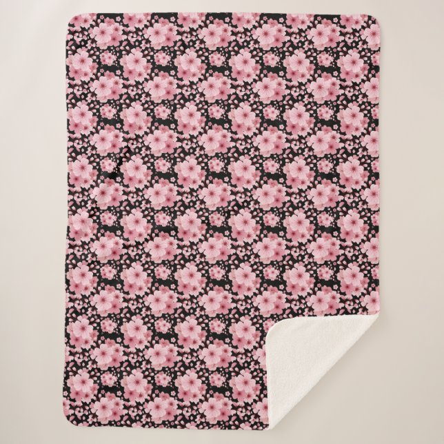 Couverture Sherpa Fleur mignonne noire rose cerise (Devant)