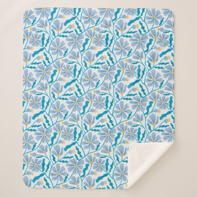 Couverture Sherpa Fleur moderne Abstraite bleue du milieu du siècle (Devant)