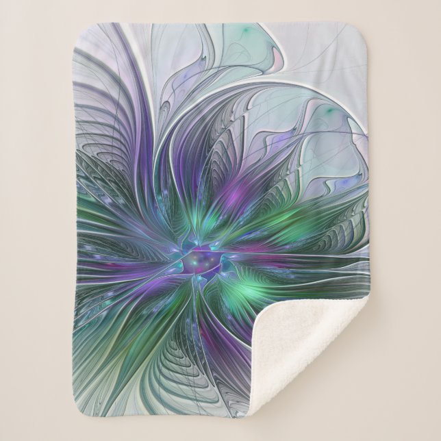 Couverture Sherpa Fleur vert violet Art Abstrait moderne Fractal (Devant)
