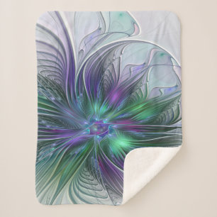 Couverture Sherpa Fleur verte abstraite moderne fractale violette