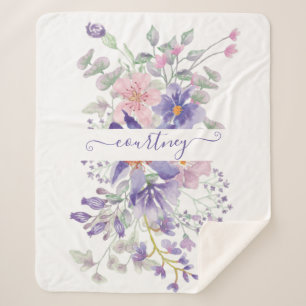 Couverture Sherpa Fleurs aquarelles personnalisées rose et violet