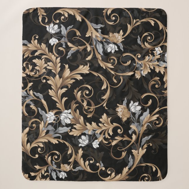 Couverture Sherpa Fleurs baroques classiques : arrière - plan noir. (Devant)