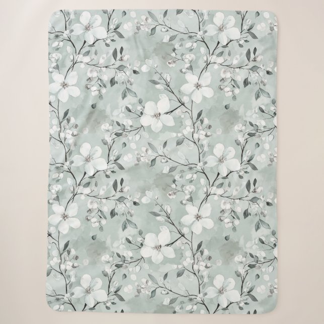 Couverture Sherpa Fleurs blanches gris chic (Devant)